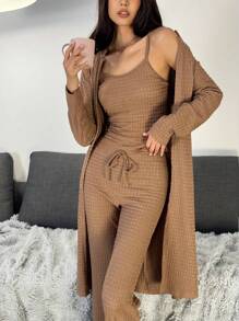 Chiquease Women 3pcs Casual Outfit Set: Long Sleeve Open Front Jacket, Camisole, And Waist Tie Pants, Spring/Fall - Maroon - View 4