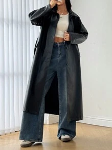 SHEIN Unity 纯色长袖简约休闲大口袋抽绳腰长款 PU 夹克，女士深秋休闲前扣、口袋、拉链落肩领宽松黑色纯色女式外套，户外活动 - 黑色 - 查看 4