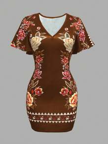 VaVaBold Vestido elegante ajustado con cuello en V con estampado floral, mangas cortas con volantes para mujer - Multicolor - Ver 4