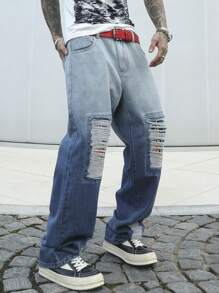 Manfinity EMRG 男式宽松破洞直筒休闲牛仔裤 - 中等水洗藍 - 查看 3