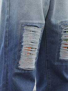 Manfinity EMRG 男式宽松破洞直筒休闲牛仔裤 - 中等水洗藍 - 查看 7