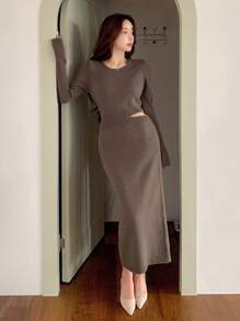 DAZY 性感镂空露脐修身针织中长连衣裙女式毛衣连衣裙