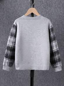 Tween Boys Minimalist Casual Plaid Patchwork Textured Knit Sweater, Warm For Fall & Winter Wear, Suitable For School And Outdoor Activities - Grey - View 2