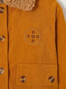1pc Young Boy Brown Patchwork Fluffy Collar Embroidery Pattern Casual Jacket, Fall/Winter - Brown - View 3
