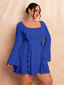 SHEIN BAE Plus Size Women Royal Blue,Autumn,Girlism,Night Out Club Summer Mini Dress,Backless Tie-Back Long Sleeve Casual Party Beach Holiday Ruffle Hem - Royal Blue - View 6