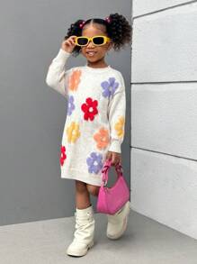 SHEIN Young Girl Multi-Color Floral Knitted Sweater Dress, Sweater Dress For Girls, Flower Sweater Girls, Young Girls Floral Print, Young Girls Flower Dress Autumn Fall - Multicolor - View 5