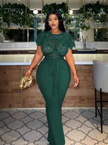 Slaydiva 大码优雅蕾丝拼布连体裤，夏季