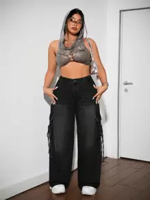 SHEIN ICON Black Plus Size Boyfriend Jeans Street Loose Wide Leg Cargo Baggy Tie Bow Back To School Jeans