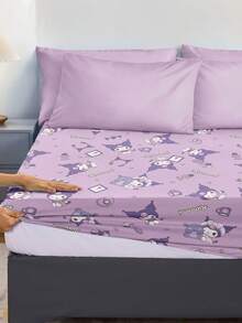 HELLO KITTY AND FRIENDS | SHEIN Full Coverage Cartoon & Letter Print Purple Fitted Sheet