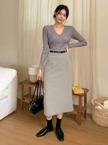 DAZY Women's Solid Color Bodycon Mid-Calf Skirt, Spring/Summer - Apricot - View 5