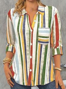 Plus Size Stripe Print Button Front Lapel Collar Shirt