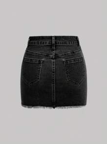 SHEIN MOD Women Pockets Frayed Hem Short Denim Skirt - Black - View 2