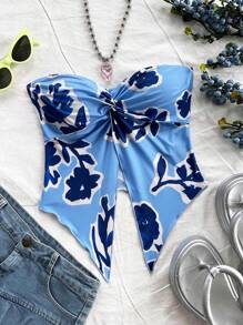 Soleia 女士蓝色系列抽象花卉印花吊带前开衩下摆真丝混纺背心，度假装 - 藍色 - 查看 8