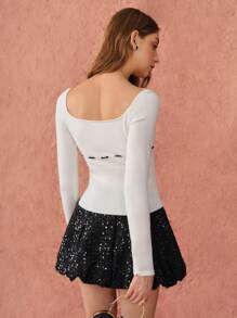 Enchnt Autumn New Women's French Square Collar Simple Black And White Contrasting Lace-Up Knitted Thermal Top, Warm Inner Knitted Top In Autumn And Winter - White - View 5