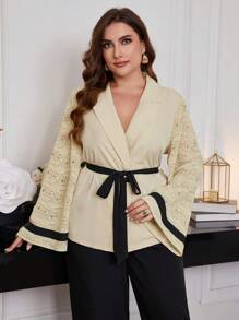 Mulvari Plus Size Women's Color Block Long Sleeve Top & Solid Color Pants Minimalist Daily Suit - Apricot - View 4