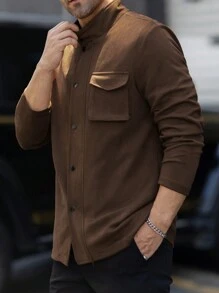 Manfinity Homme Jaqueta casual masculina de manga longa com cor sólida e bolsos, para primavera e outono