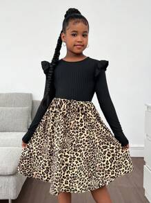 SHEIN Leap Crew 少女甜美荷叶边蝴蝶结拼接碎花长袖休闲连衣裙，适合居家和外出 - 黑色 - 查看 1