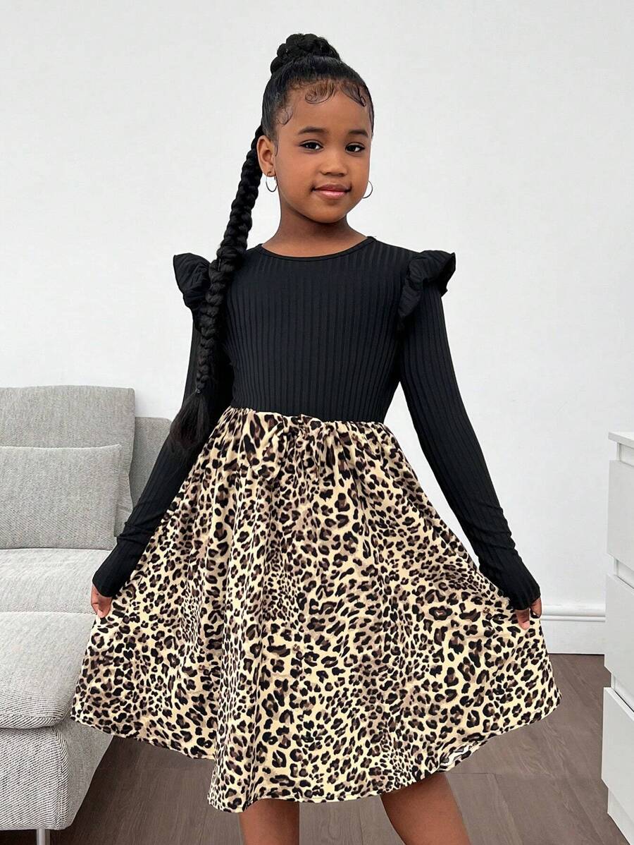 SHEIN Leap Crew 少女甜美荷叶边蝴蝶结拼接碎花长袖休闲连衣裙，适合居家和外出 - 黑色 - 查看 1