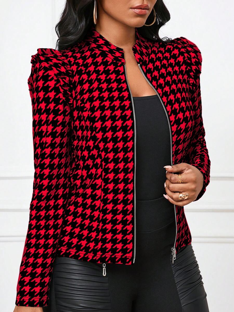 SHEIN Lady Women's Classic Houndstooth Print Stand Collar Zipper Front Ruffle Trim Regular Jacket - Burgundy - View 1
