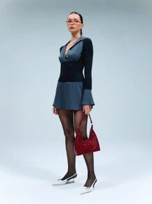 TypaGal Color Block Stripe Spliced Oversized Cuff Long Sleeve Shirt Dress,Valentines Outfit - Grey - View 5