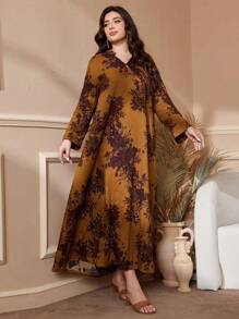 Al Najma 加大码女式植物印花 V 领长袖连衣裙，阿拉伯时尚，端庄，休闲风格，适合日常休闲/旅行/度假/休假/家居服，超长加大码阿拉伯服饰，长袍 - 黃色 - 查看 5