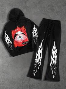 Manfinity EMRG 2pcs Men's Lip Print Hooded Sweatshirt And Drawstring Pants Set