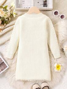 SHEIN Girls Casual  Tassel Knitted V-Neck Loose Solid Color Long Sleeve Sweater Dress, Suitable For Daily Wear And  Moments