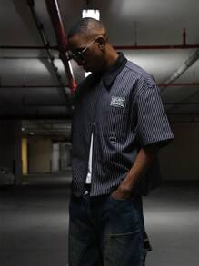 SUMWON Boxy Fit Zip Through Pinstripe Shirt With Back Embroidery - Black and White - View 2