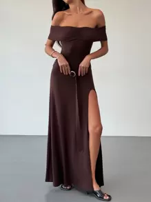 Aloruh Y2K Stylish Off Shoulder High Slit Fishtail Hem Maxi Brown Dress For Women - Brown - View 6