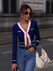 SHEIN Clasi Striped Trim Button Front Crop Cardigan - Royal Blue - View 1