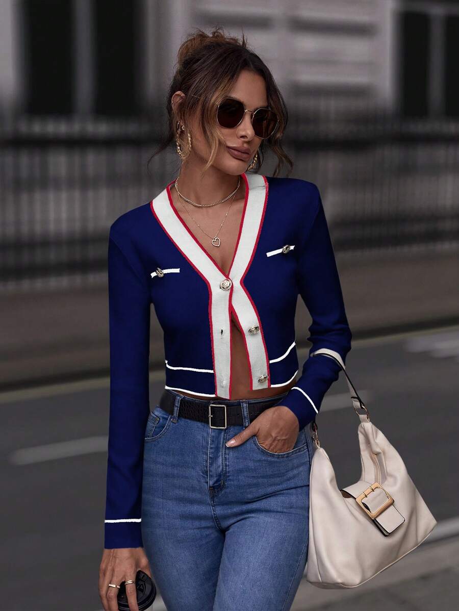 SHEIN Clasi Striped Trim Button Front Crop Cardigan - Royal Blue - View 1