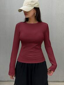 DAZY 女士纯色圆领长袖休闲保暖修身T恤，秋冬季保暖款 - 酒紅色 - 查看 2