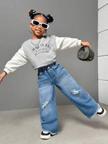 SHEIN Explorewe Young Girls Washed & Faded Denim Jeans - Medium Wash - View 5