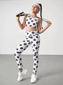 SHEIN Conjunto de 2 piezas de top de tirantes y leggings con estampado floral transpirable y que absorbe la humedad, adecuado para gimnasia, yoga, danza y deportes, para niñas preadolescentes, apto para todas las estaciones
