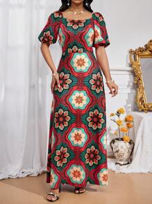 SHEIN Lady Vestidos elegantes y casuales de otoño e invierno para vacaciones, con mangas de obispo, hombros descubiertos y coloridos para mujeres