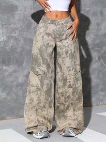 SHEIN ICON 女款正面纽扣多口袋印花休闲牛仔裤 - 彩色 - 查看 6