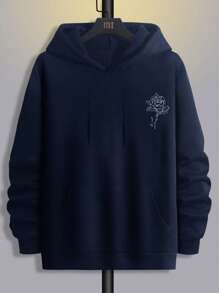 RueChic Men Rose Printed Regular Hooded Sweatshirt - Navy Blue - View 3