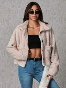 SHEIN Tall 女士双口袋落肩毛绒夹克