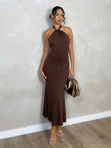 Glamine 后扭式挂脖中长连衣裙，女士性感露背无袖挂脖修身长款棕色纯色修身女式长裙，春夏，派对/夜总会服装超长女装 - 棕色 - 查看 5