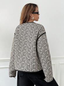 SHEIN EZwear Áo khoác nữ tay dài thắt nơ họa tiết da báo hở trước thời trang thu đông - màu nâu - Xem 2