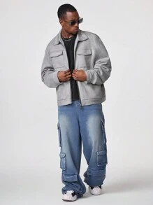 Manfinity VCAY Herren einfarbiges minimalistisches Tageskleidungshemd mit Kragen und langen Ärmeln, Cargo-Arbeits-Basis-Hellgrau-Hemd, für Freunde, Ehemann, Freund als Geschenk