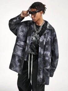 Manfinity VCAY Men's Casual Tie-Dye Pattern Trench Coat, Autumn, For Fall Winter - Black - View 1