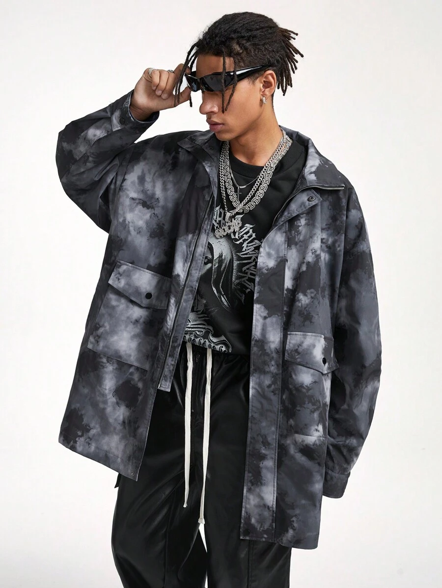 Manfinity VCAY Men's Casual Tie-Dye Pattern Trench Coat, Autumn, For Fall Winter - Black - View 1