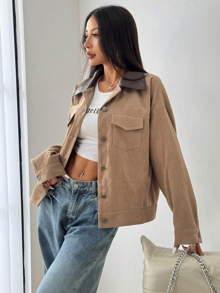 Flirla Áo khoác nữ Colorblock vai trễ vai dài tay cổ PU, mùa xuân thu - Màu Khaki - Xem 1