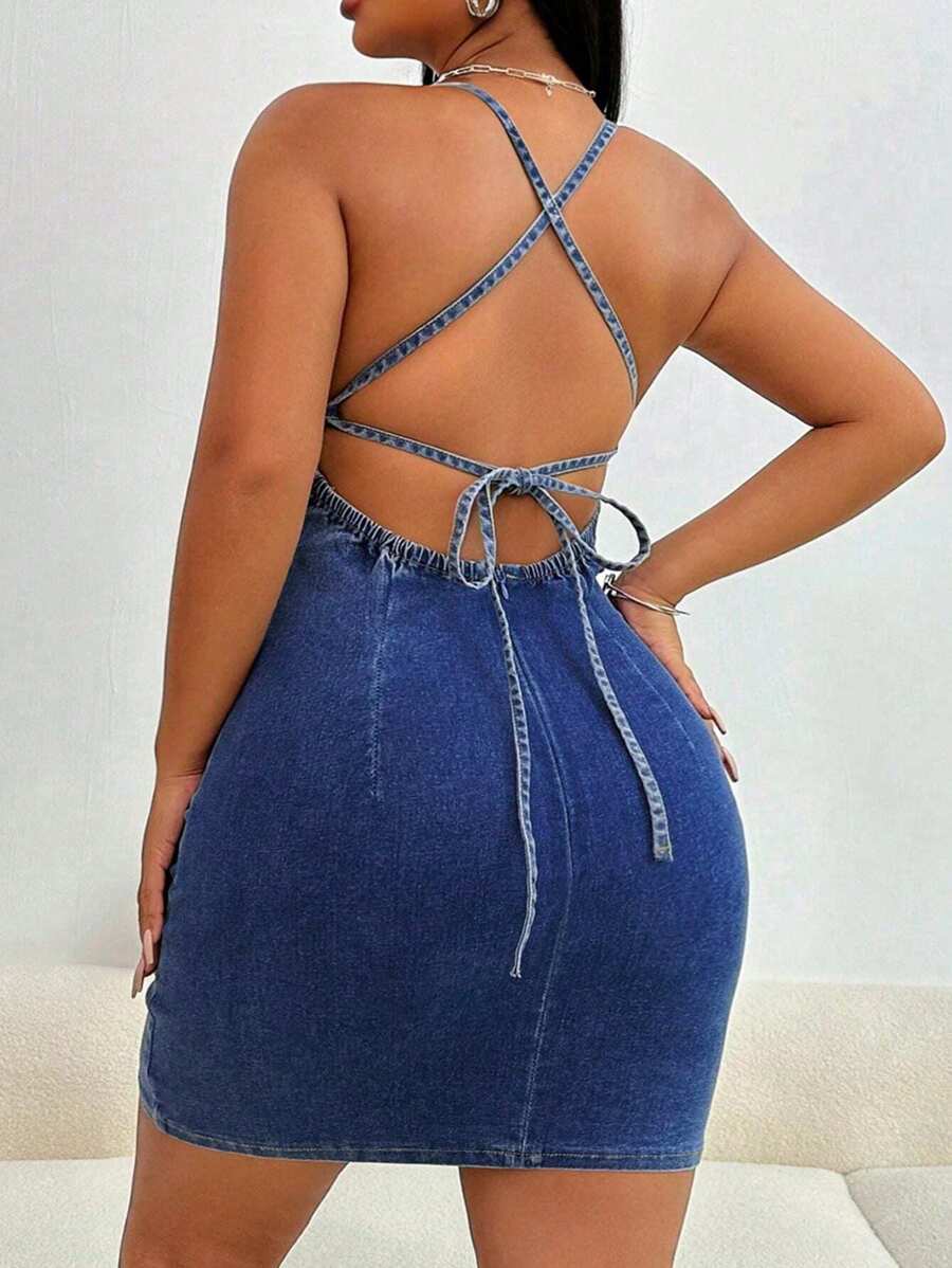 SHEIN SXY 夏季女士性感露背系带紧身牛仔连衣裙 - 深色水洗藍 - 查看 1