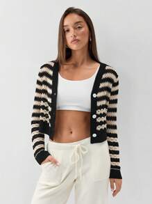 SHEIN Unity Cardigan casual feminino listrado de manga comprida, outono/inverno - Preto - Ver 1
