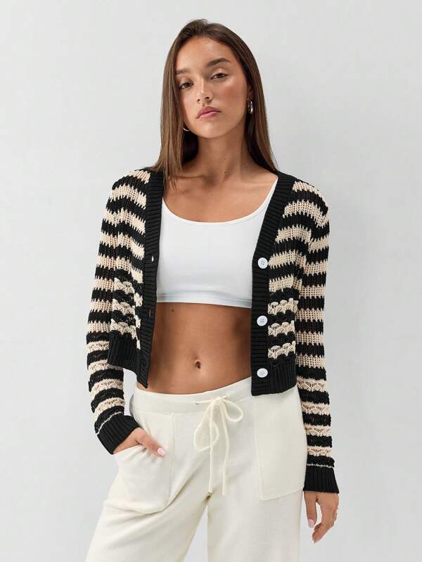 TRNVIE Women Striped Long Sleeve Cropped Casual Cardigan, Autumn/Winter