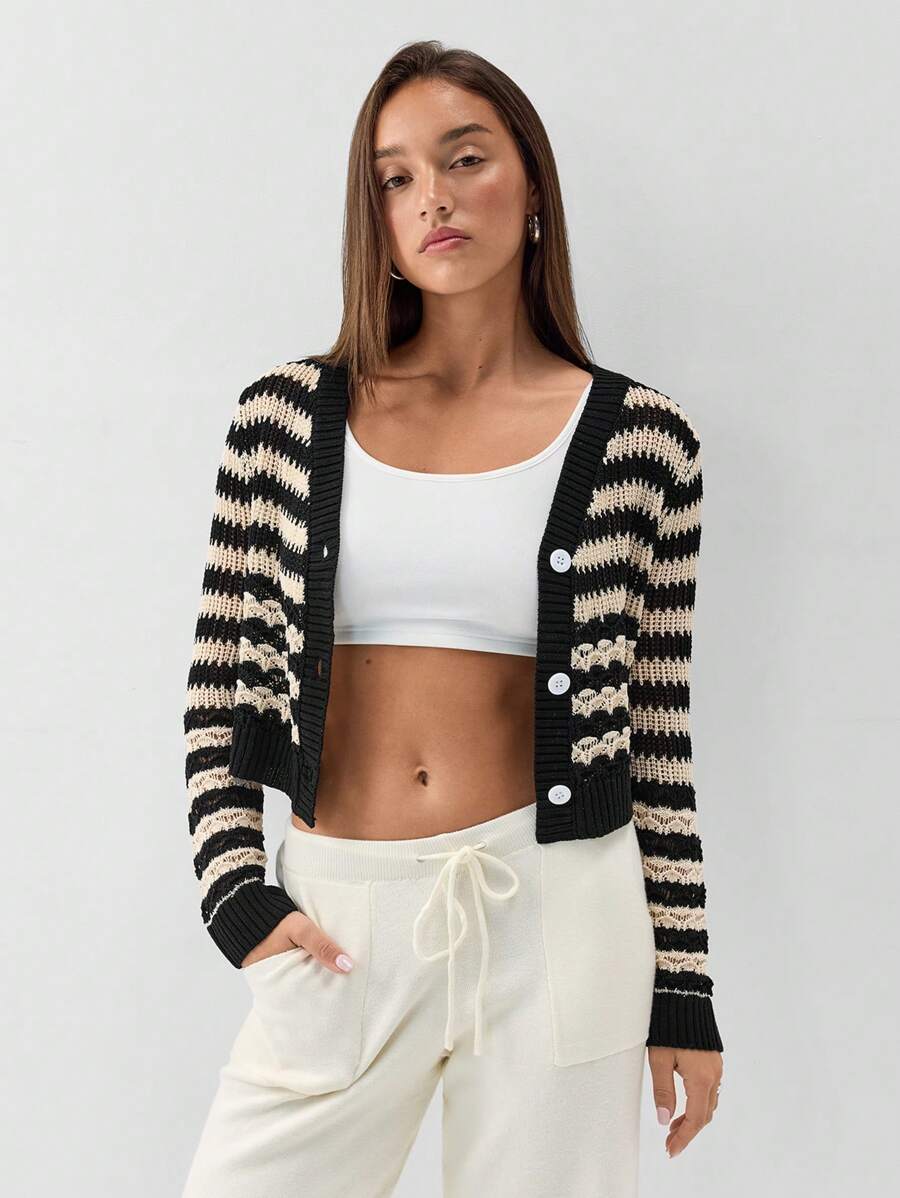 SHEIN Unity Cardigan casual feminino listrado de manga comprida, outono/inverno - Preto - Ver 1