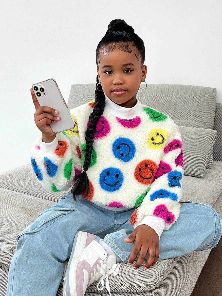 SHEIN Felpa corta oversize con collo alto reversibile e stampa di volto sorridente colorato per ragazze pre-adolescenti - Multicolore - Visualizzare 1