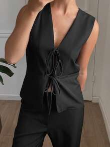 DAZY 女士休闲无袖系带背心和裤子套装，适合日常办公室穿着 - 黑色 - 查看 1